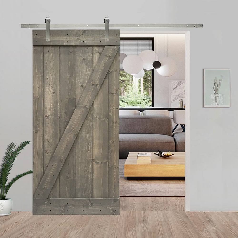 24 in. x 84 in. Weather Gray Stained Solid Knotty Pine Wood Interior Sliding Barn Door with Sliding Hardware Kit Q346359