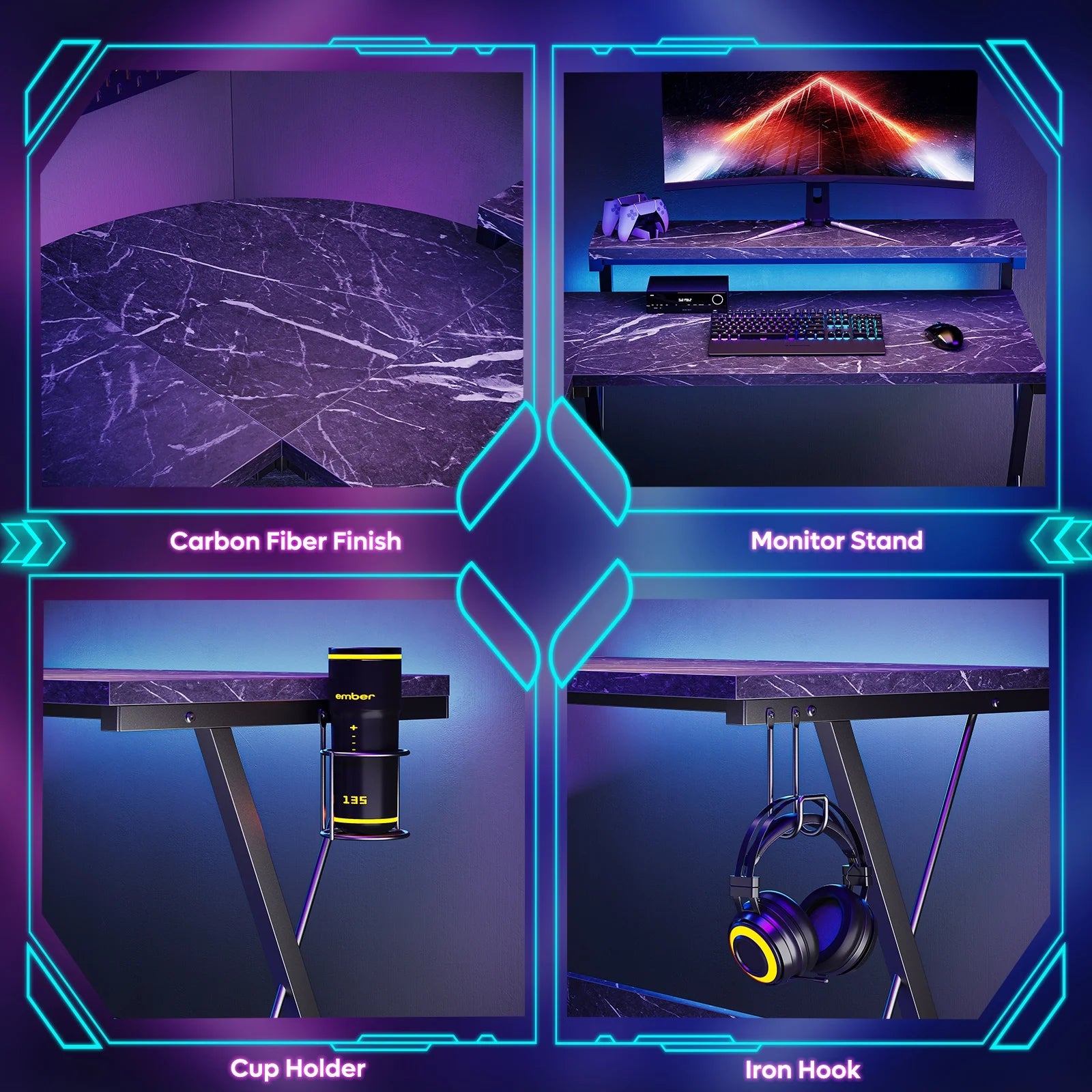 Black Marble L-Shaped Gaming Computer Desk with Monitor Stand F8857