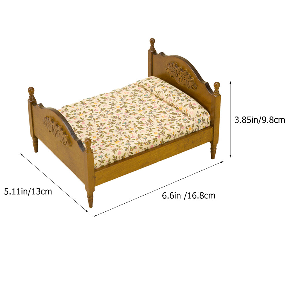 Doll House Miniature Double Bed Model Bedroom Scene Prop Decoration E8300