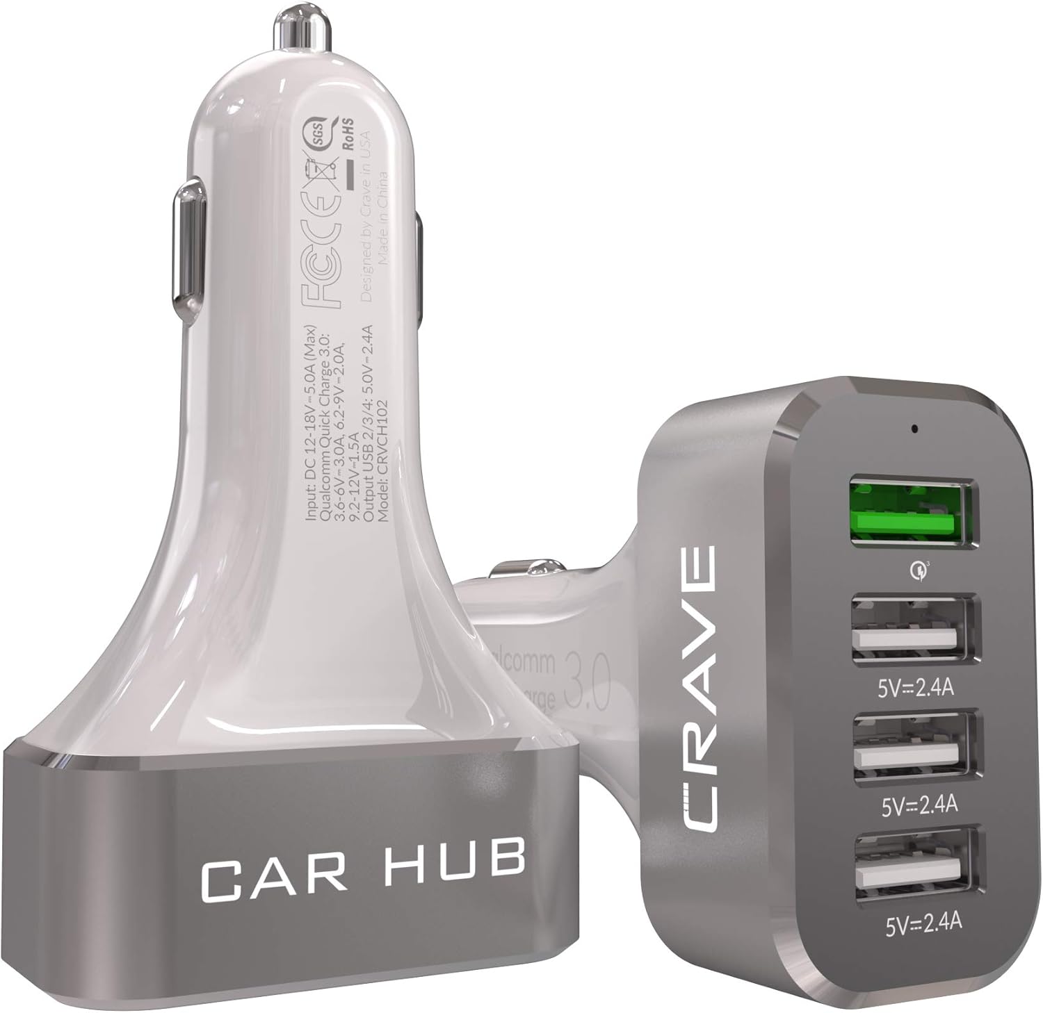 54W 4 Port USB Car Charger, Quick Charge 3.0, Black Pack of 2 J533516