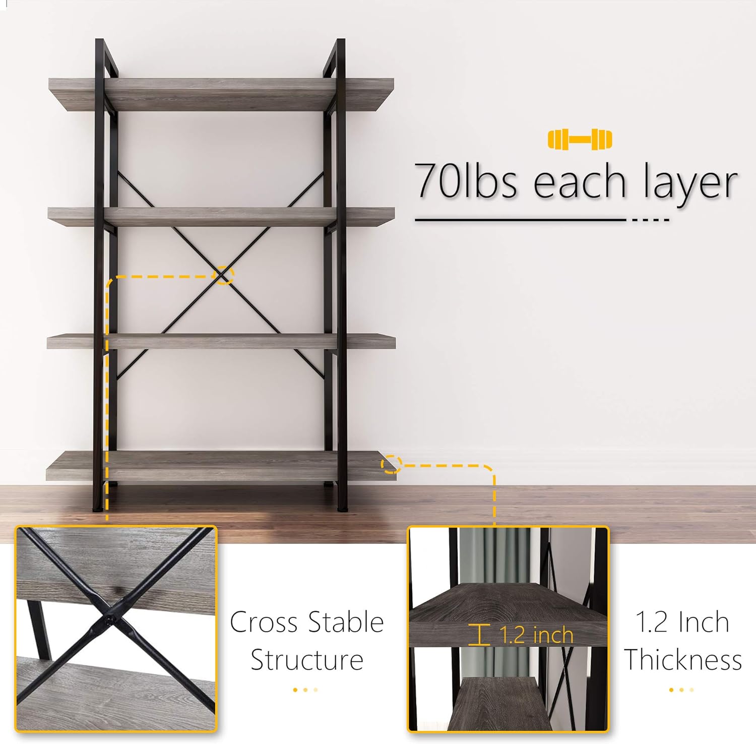 Gray Oak 4-Tier Metal and Wood Bookshelf F216568
