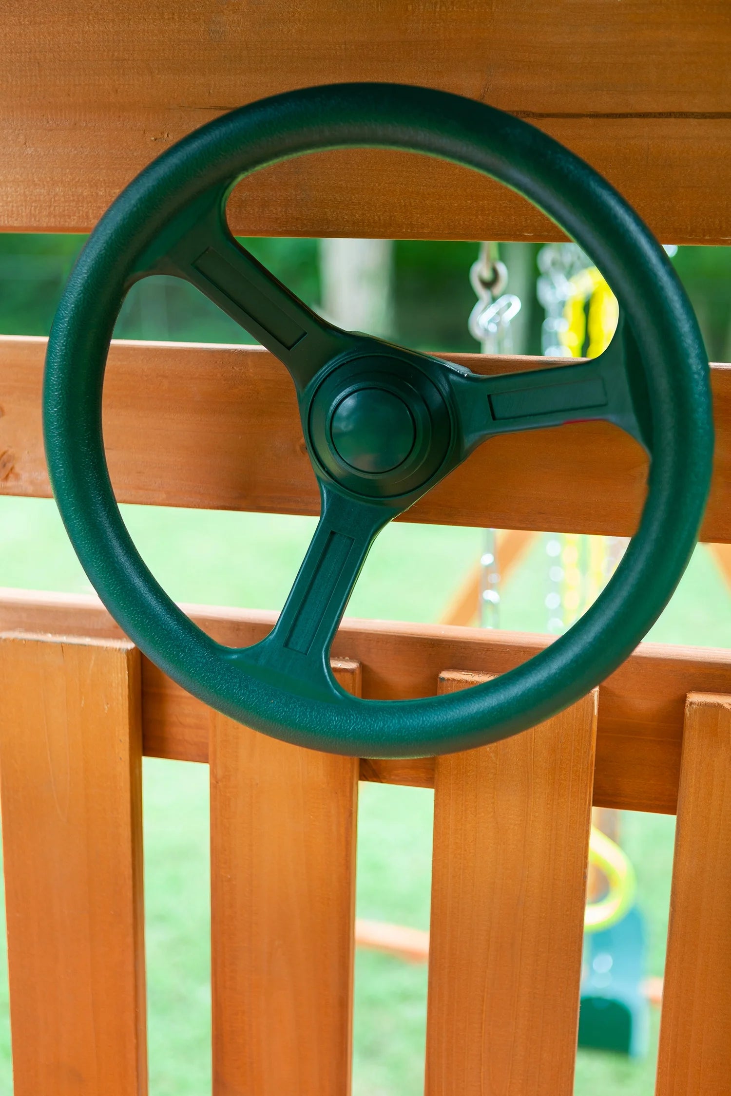 Green Wooden Swing Set with Tarp Roof and Slide W1570