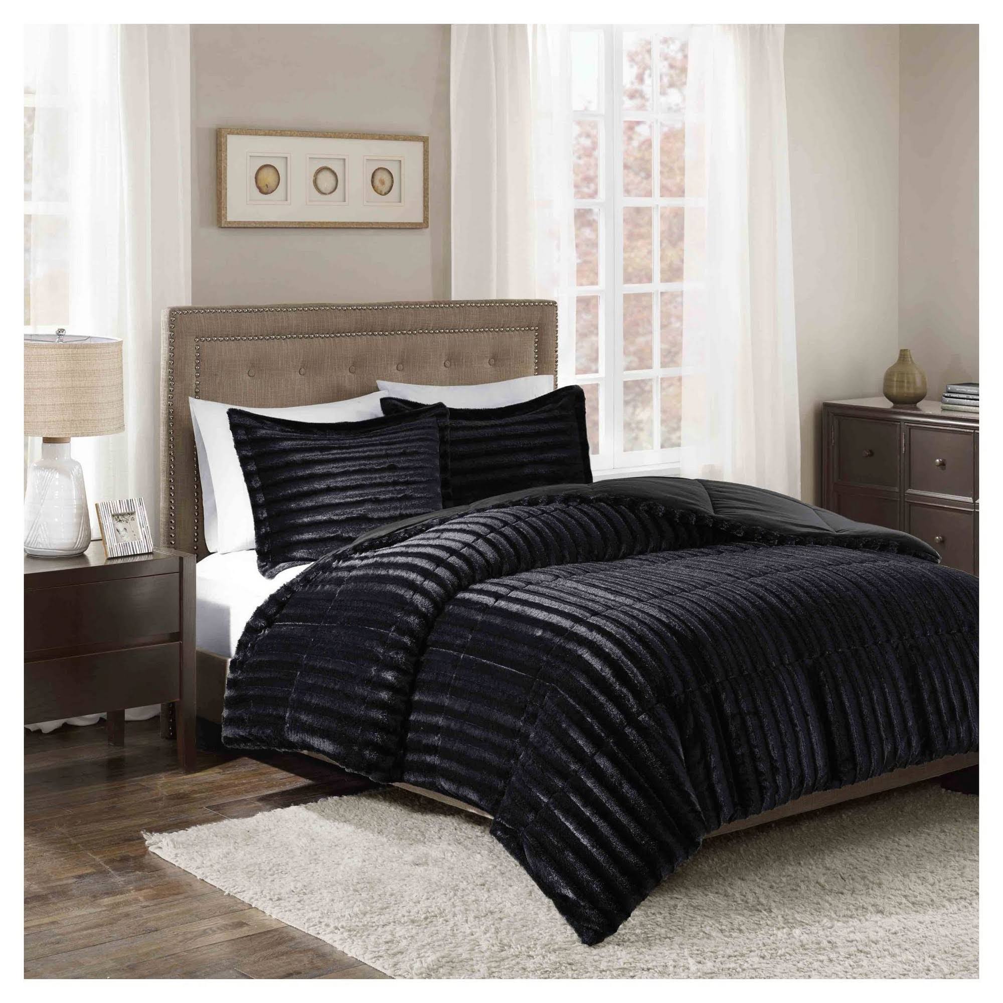 Black King/Cal King Faux Fur Comforter Mini Set U4296