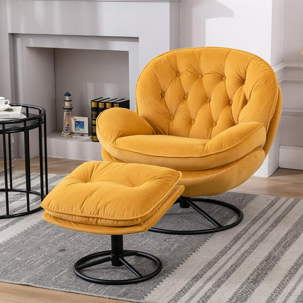 Yellow Velvet Lounge Chair with Ottoman P400