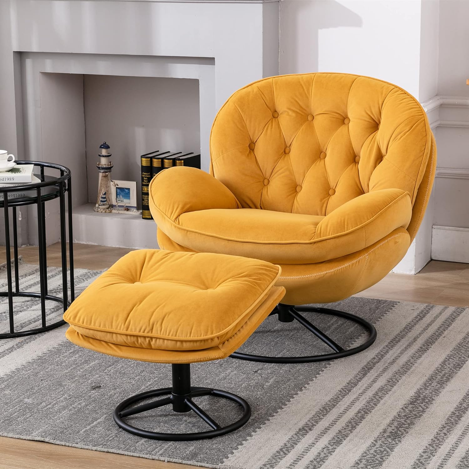 Yellow Velvet Lounge Chair with Ottoman P400