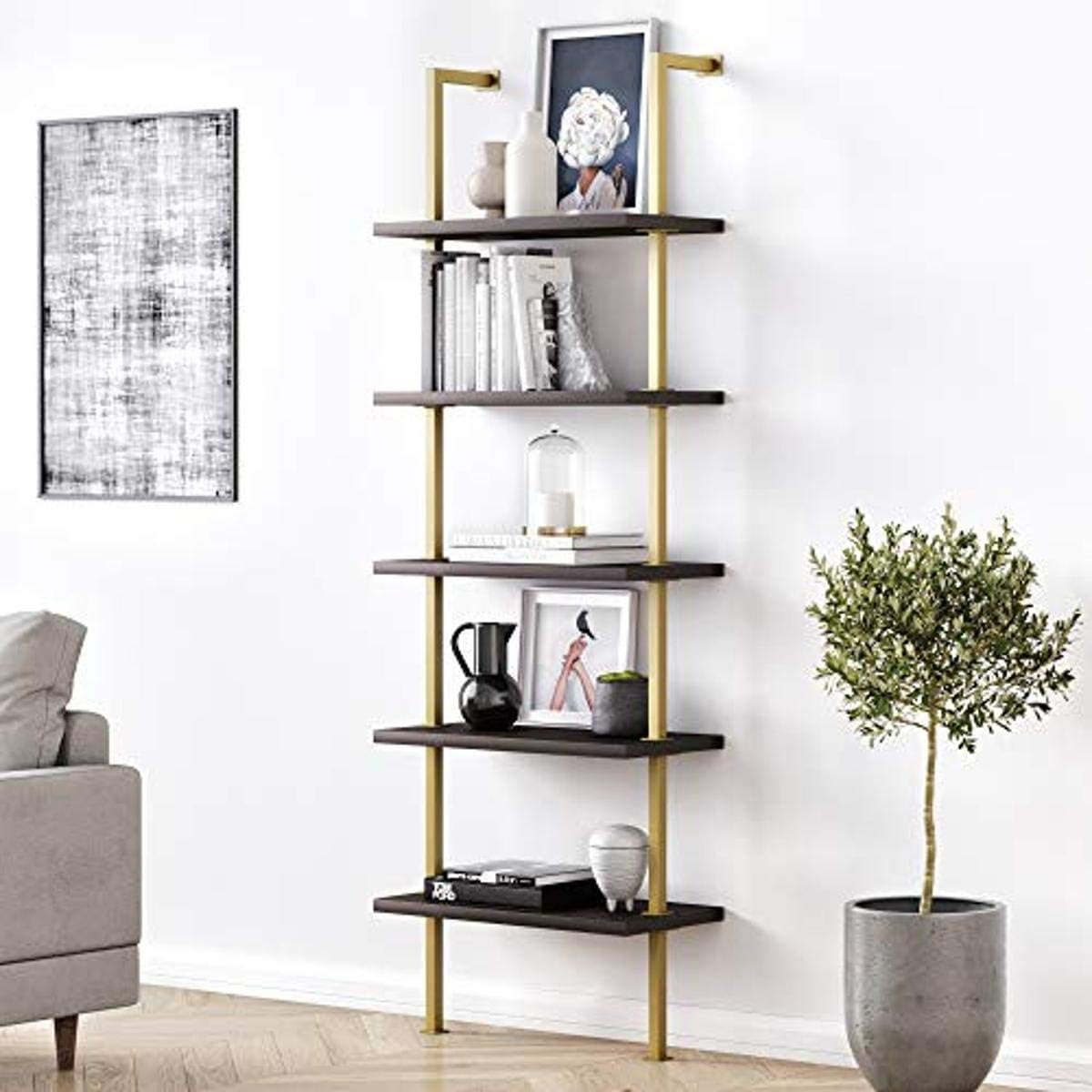 White/Gold 5-Shelf Ladder Bookcase P179