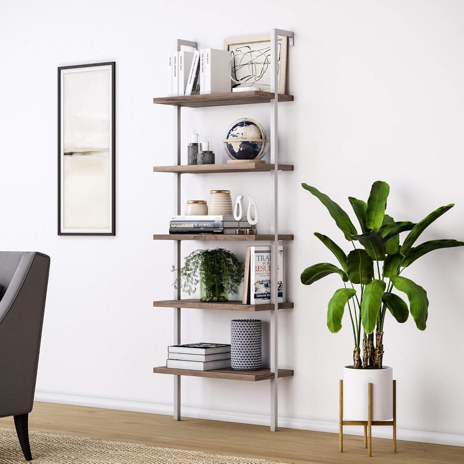 White/Gold 5-Shelf Ladder Bookcase P179