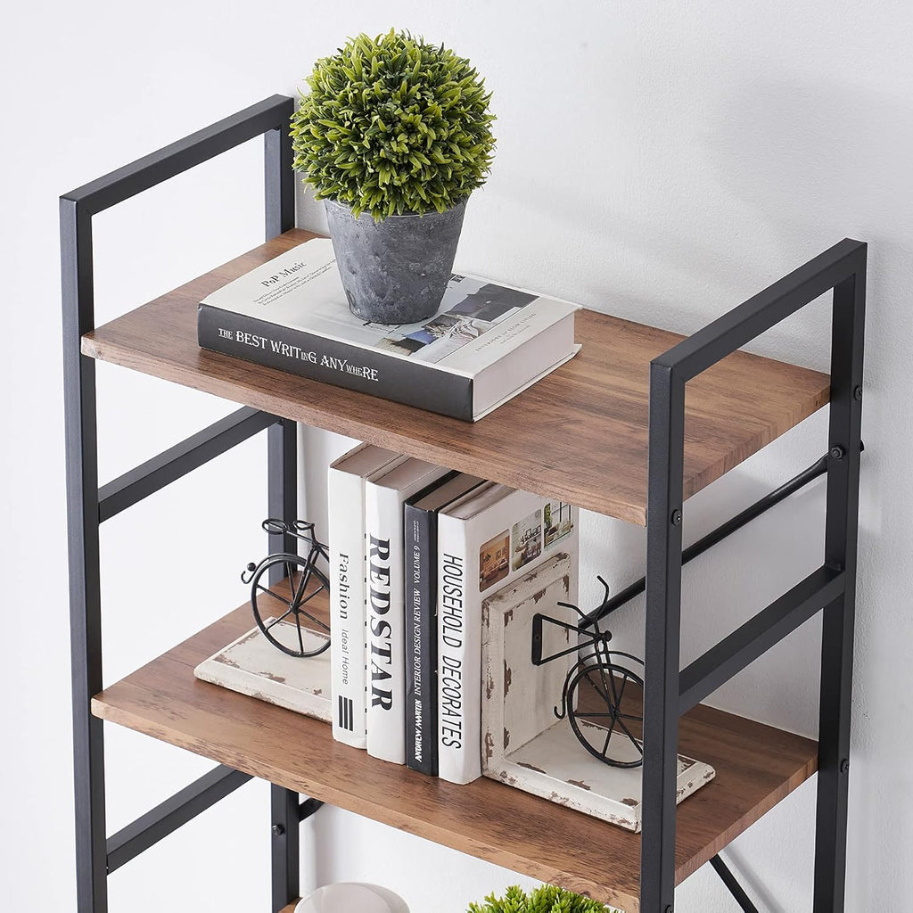 Vintage Brown 4 Tier Wood Bookshelf with Metal Frame E71328