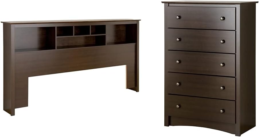 King Bookcase Headboard, Espresso, 5 Drawer Chest N921844