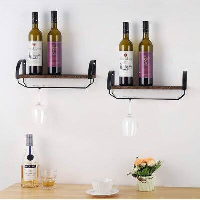 4 Bottle Solid Wood Wall Mounted Wine Bottle and Glass Rack in Brown G83675