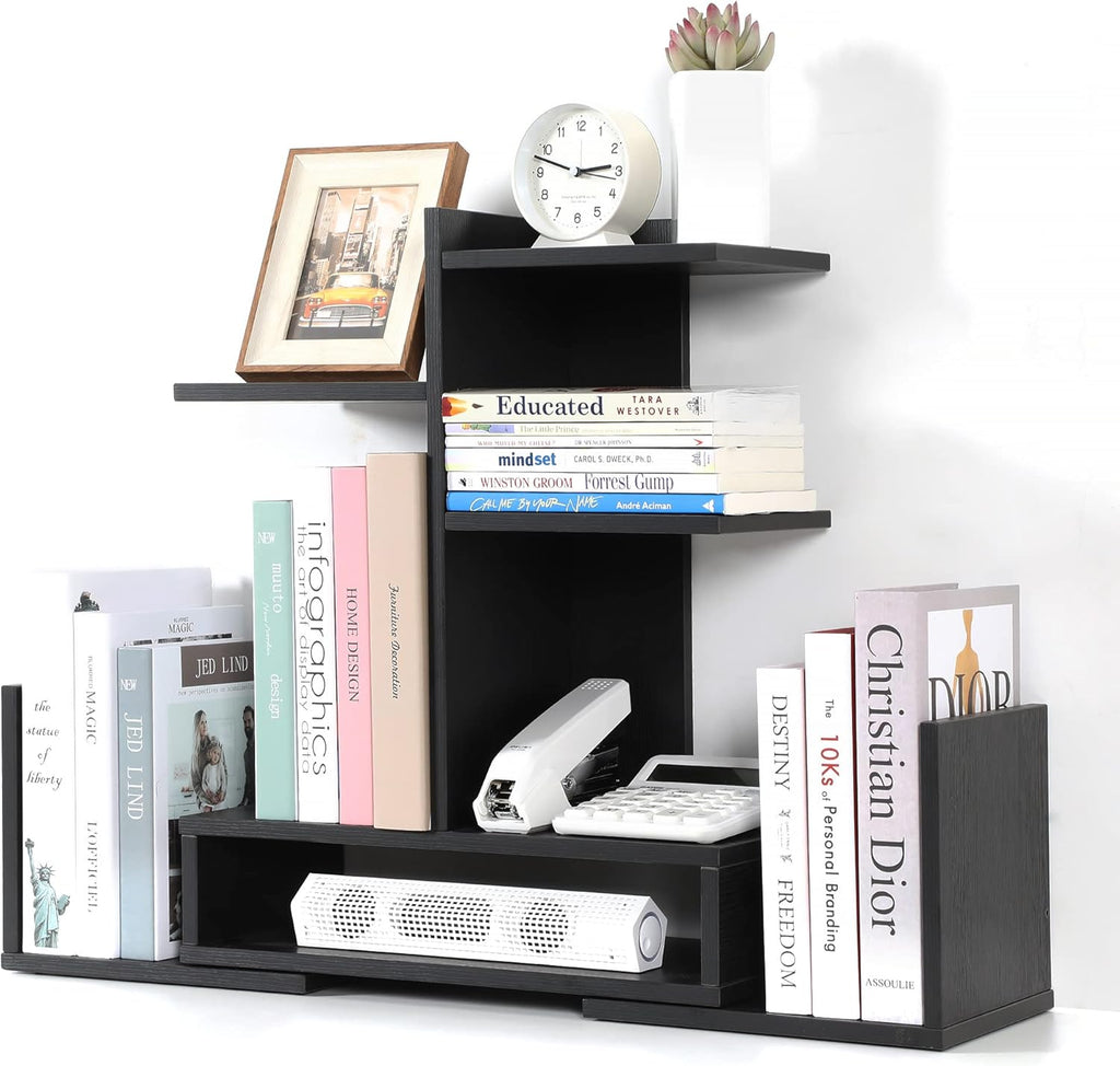 Black Adjustable Wooden Desktop Shelf Bookshelf Organizer B268647