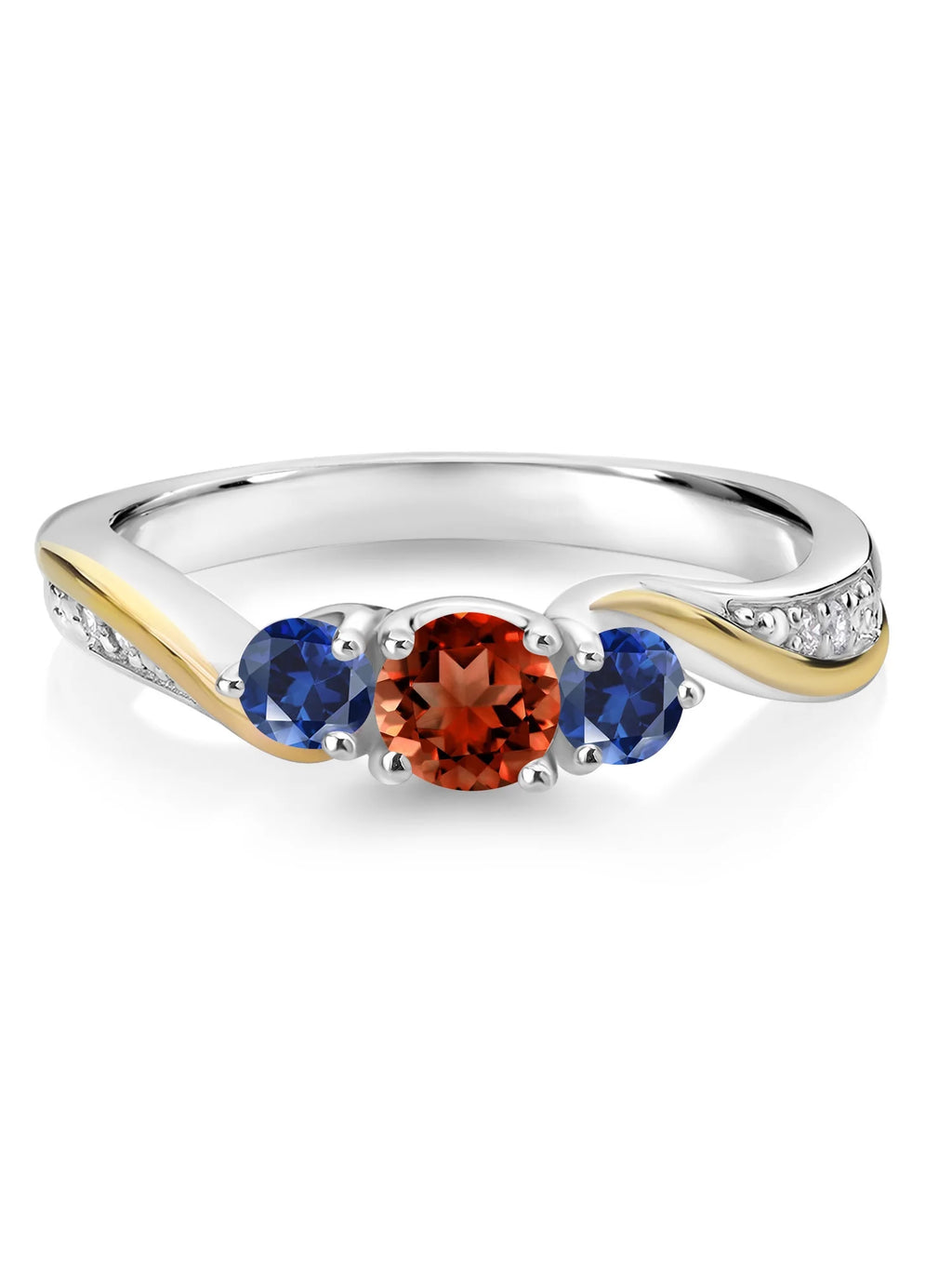 925 Silver 10K Yellow Gold Red Garnet Blue Created Sapphire White Lab Grown Diamond 3 Stone Engagement Ring P71687