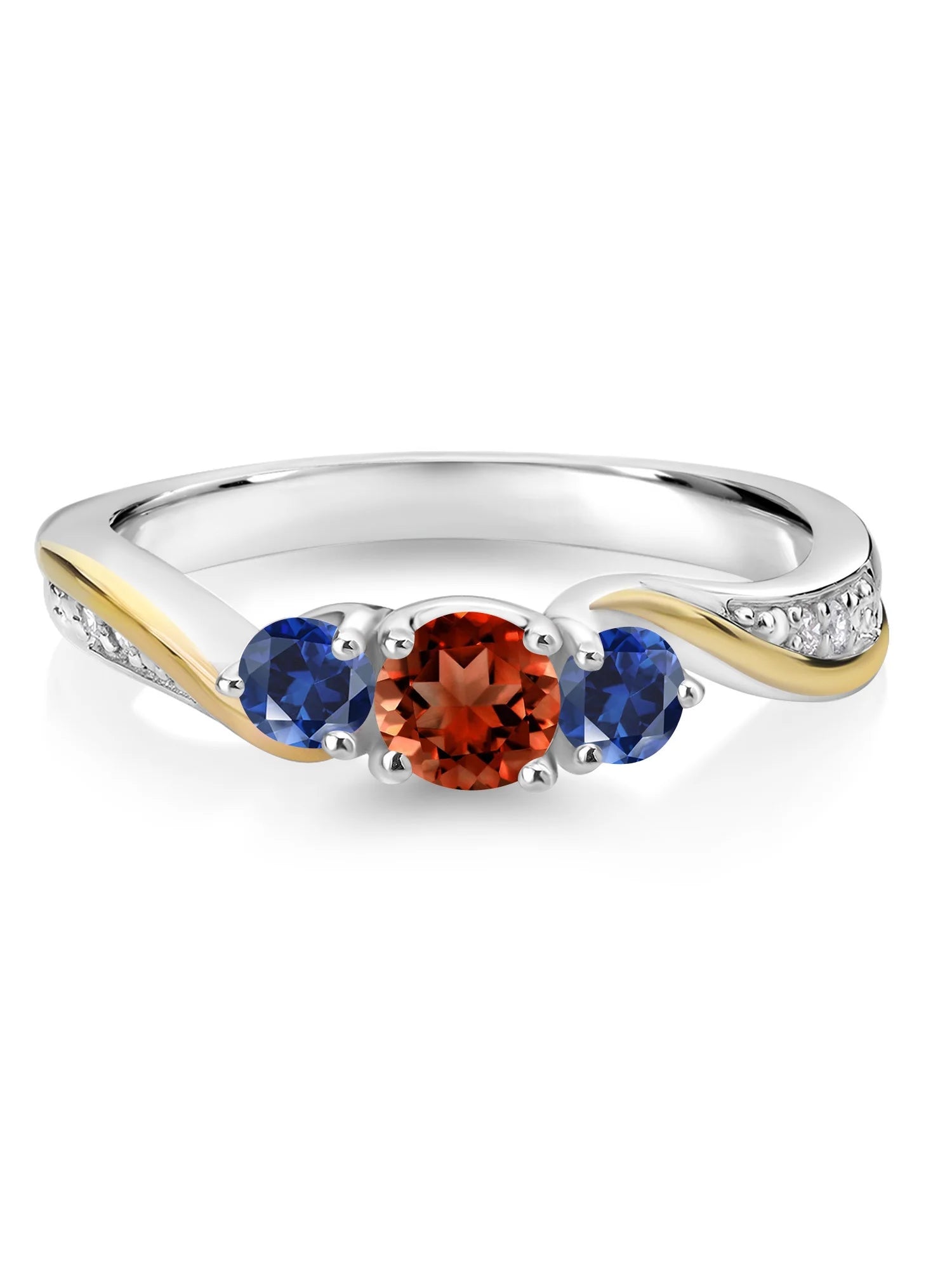 925 Silver 10K Yellow Gold Red Garnet Blue Created Sapphire White Lab Grown Diamond 3 Stone Engagement Ring P71687