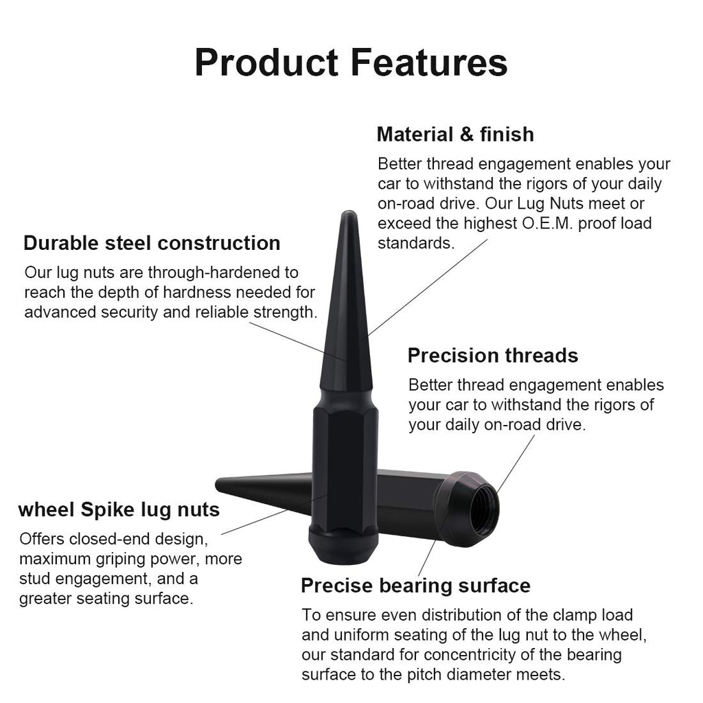 24 x Black M14x1.5 Solid Metal Wheel Spike Lug Nuts D714