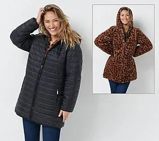 Reversible Faux Fur and Water Resistant Jacket, Size Medium, black/leopard D831