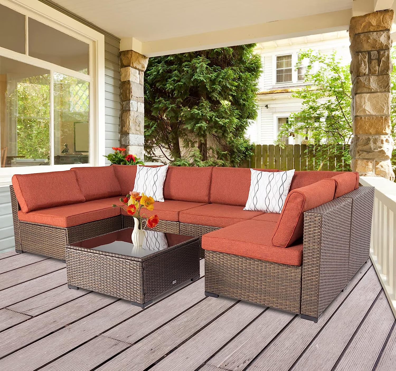 Maple Red Cushions 7Pcs Sectional Sofa Patio Conversation Set X93042