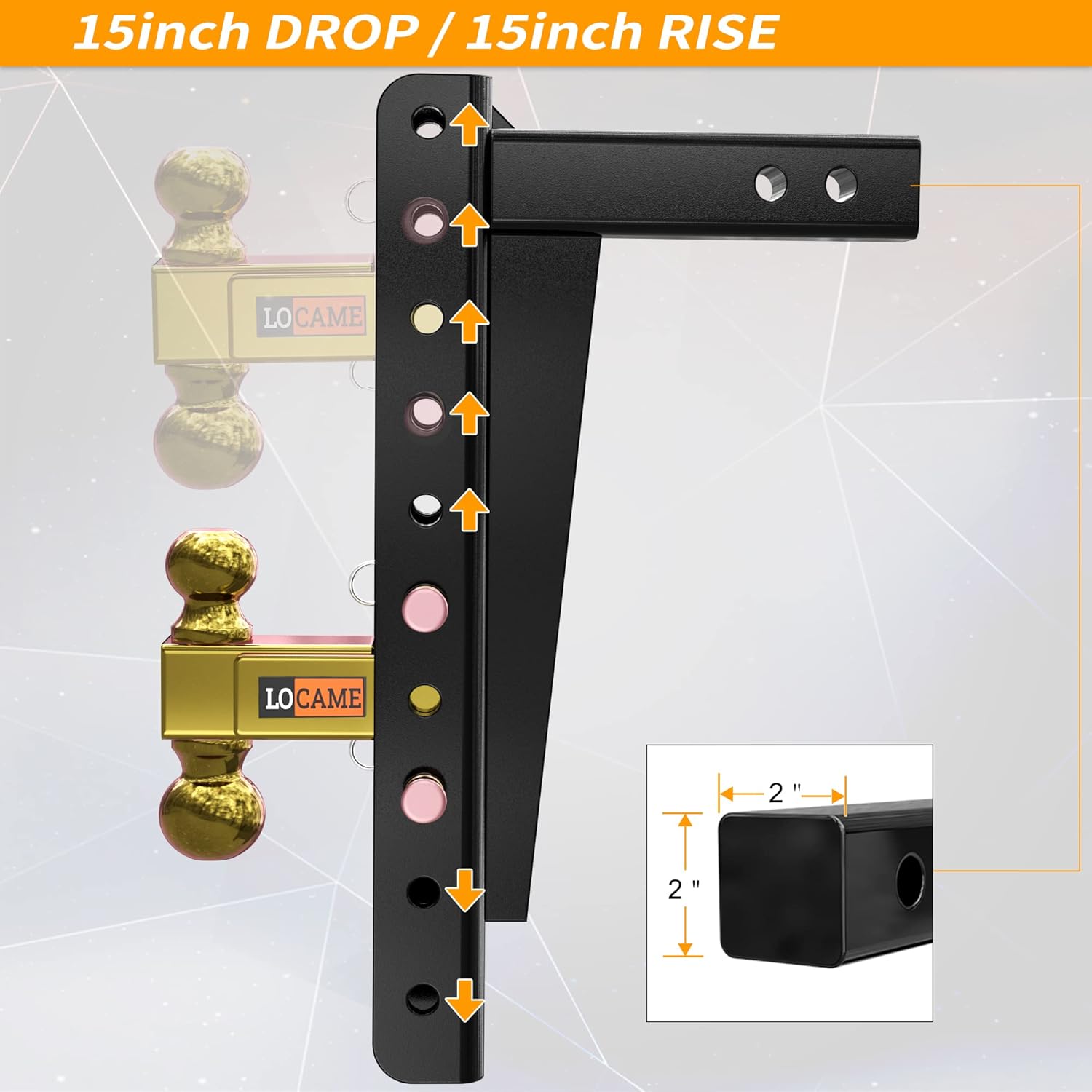 Adjustable Trailer Hitch, 2-Inch Receiver, 15-Inch Drop/Rise, 21,000 LBS GTW, Double Pins, Solid Ball Mount N428