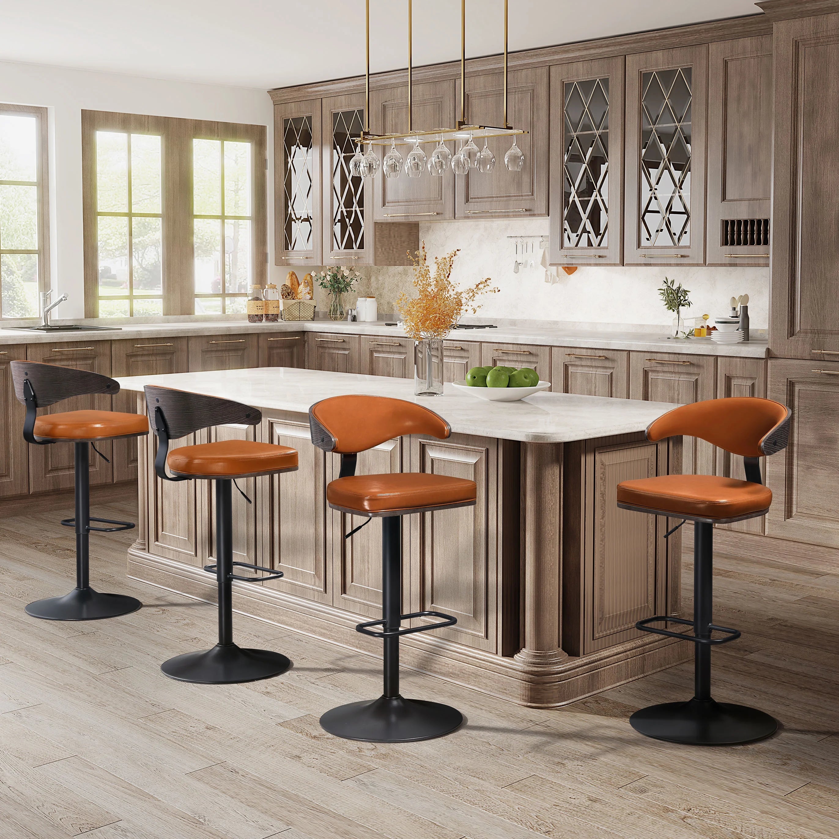 Retro Bar Stools, 360 Degree Swivel Height Adjustable, Faux Leather Steel Legs, Brown N576
