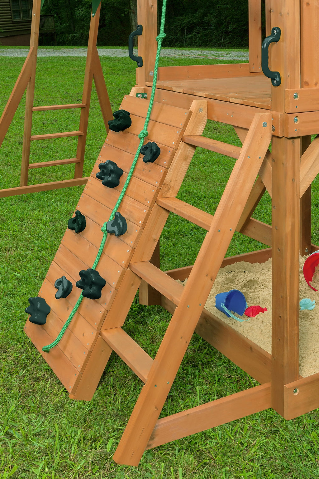 Green Wooden Swing Set with Tarp Roof and Slide W1570