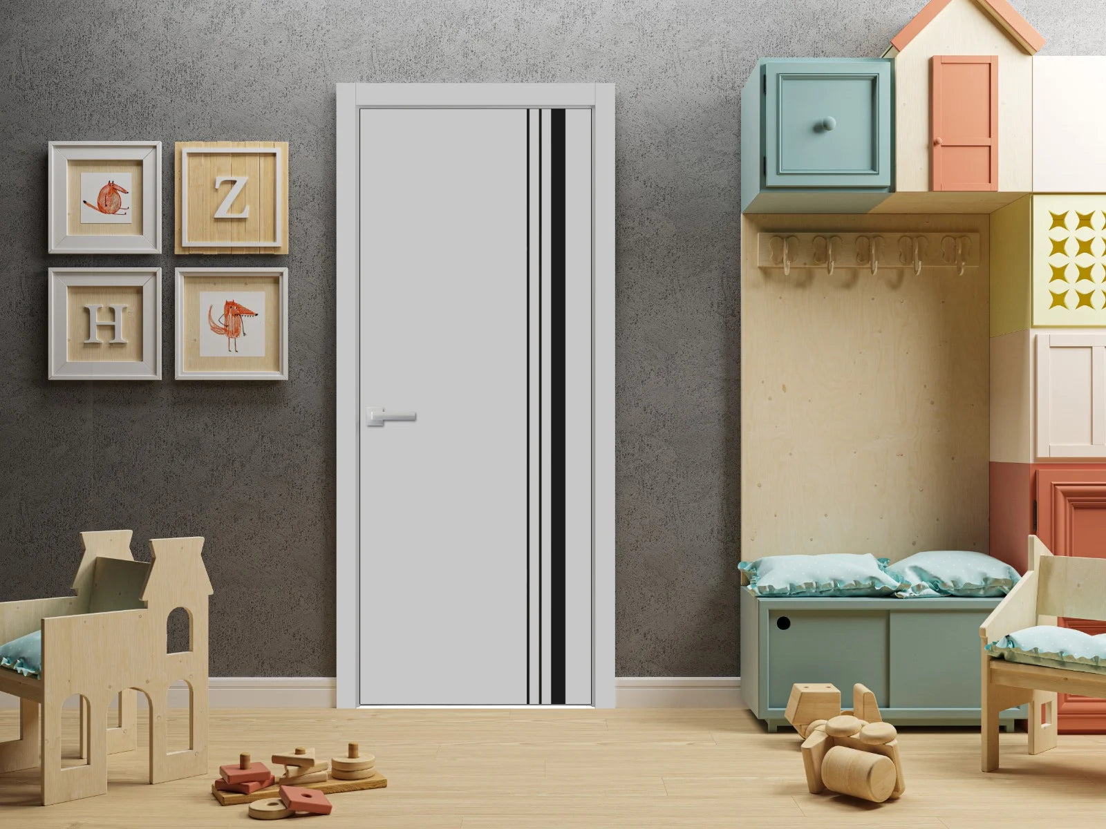 Solid French Door 36 x 84 inches Grey Matte with Frosted Glass Single Regular Panel Frame Trims Handle E25217