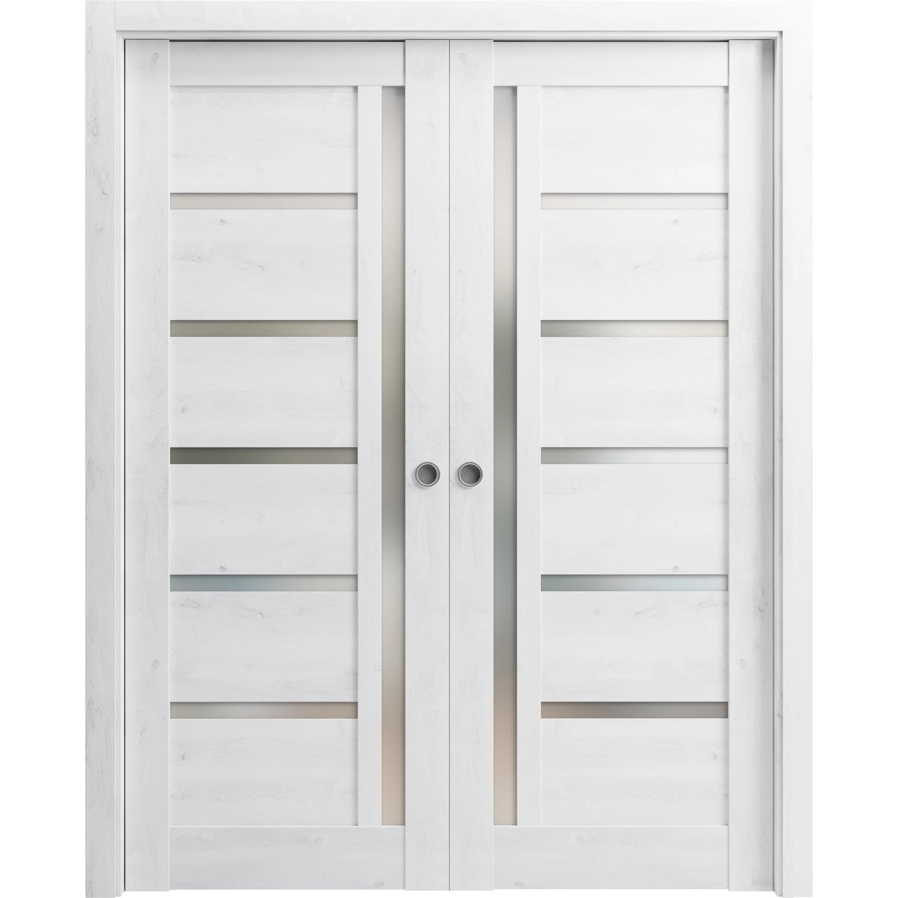 Nordic White Solid Wood Sliding French Double Pocket Doors with Frosted Glass A30520