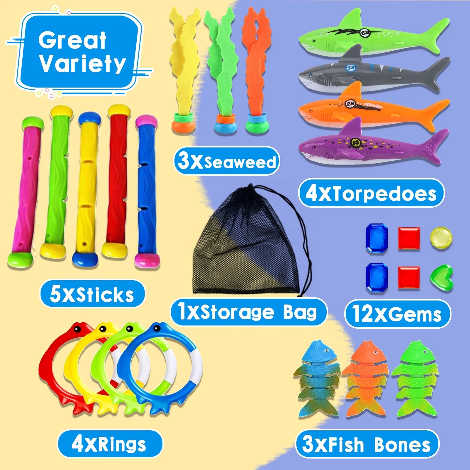 31 Pcs Pool Diving Toys Set with Storage Bag A56824
