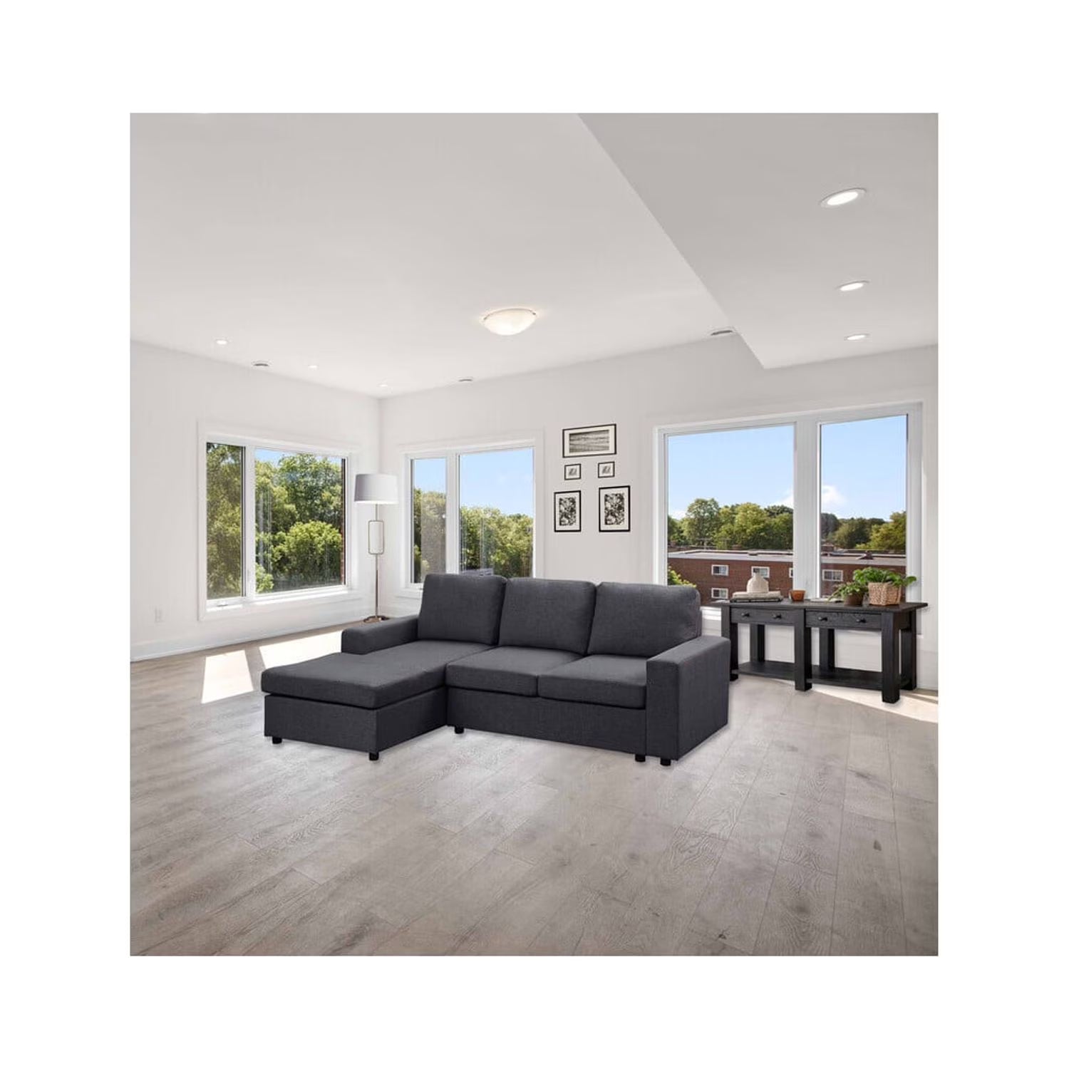 Dark Gray Linen Sofa with Reversible Chaise F3072