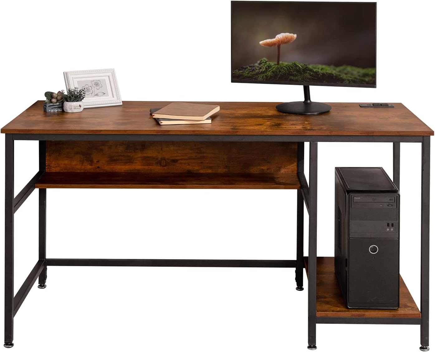 Rustic Brown 55 Inch Computer Desk with Power Outlet and Storage Shelves V811030