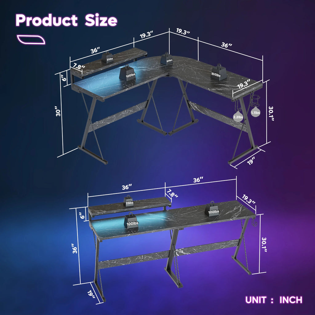Black Marble L-Shaped Gaming Computer Desk with Monitor Stand F8857