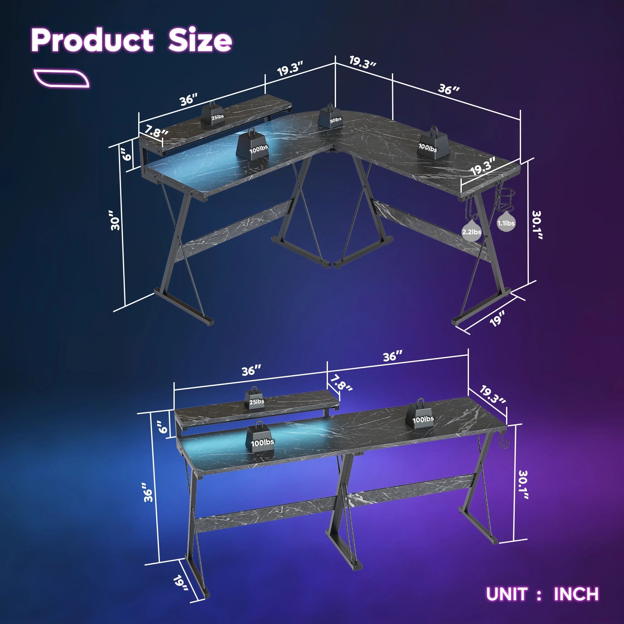 Black Marble L-Shaped Gaming Computer Desk with Monitor Stand F8857