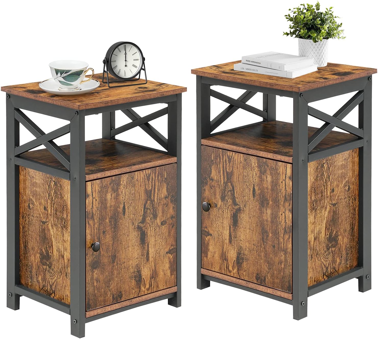Antique Black Set of 2 End Side Table with Storage Cabinet K66236