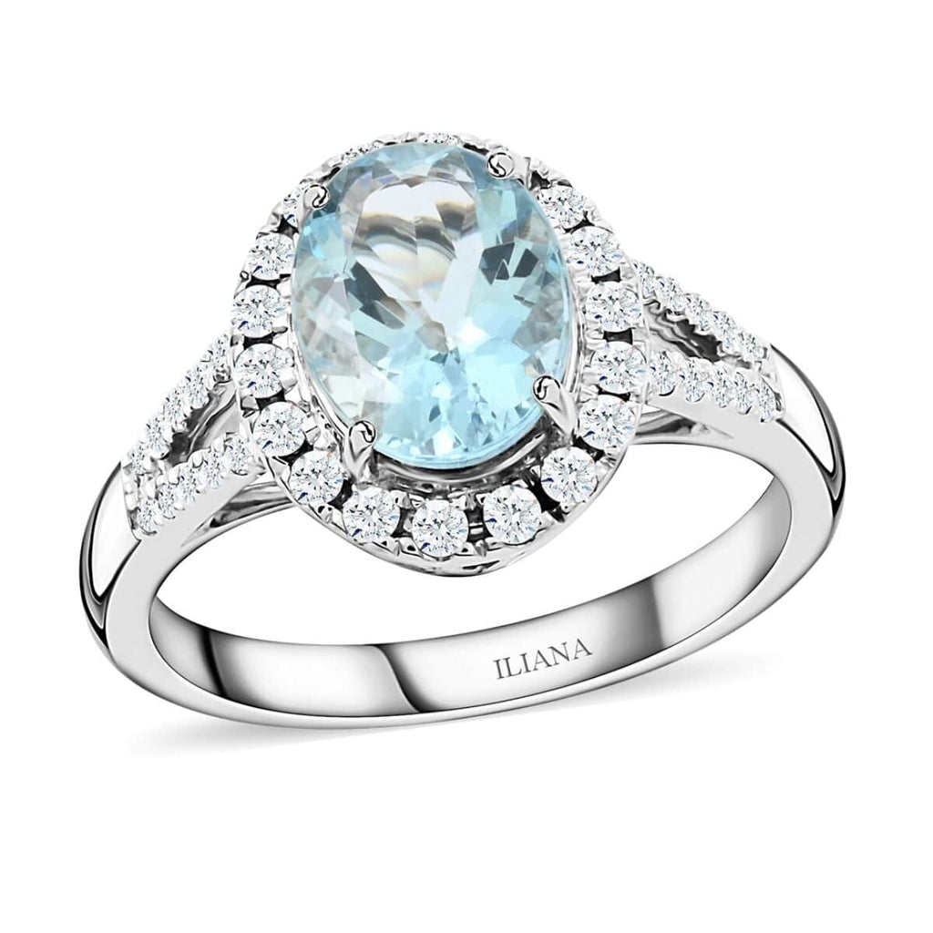 18K White Gold Halo Ring with Blue Aquamarine and White Diamond M4674