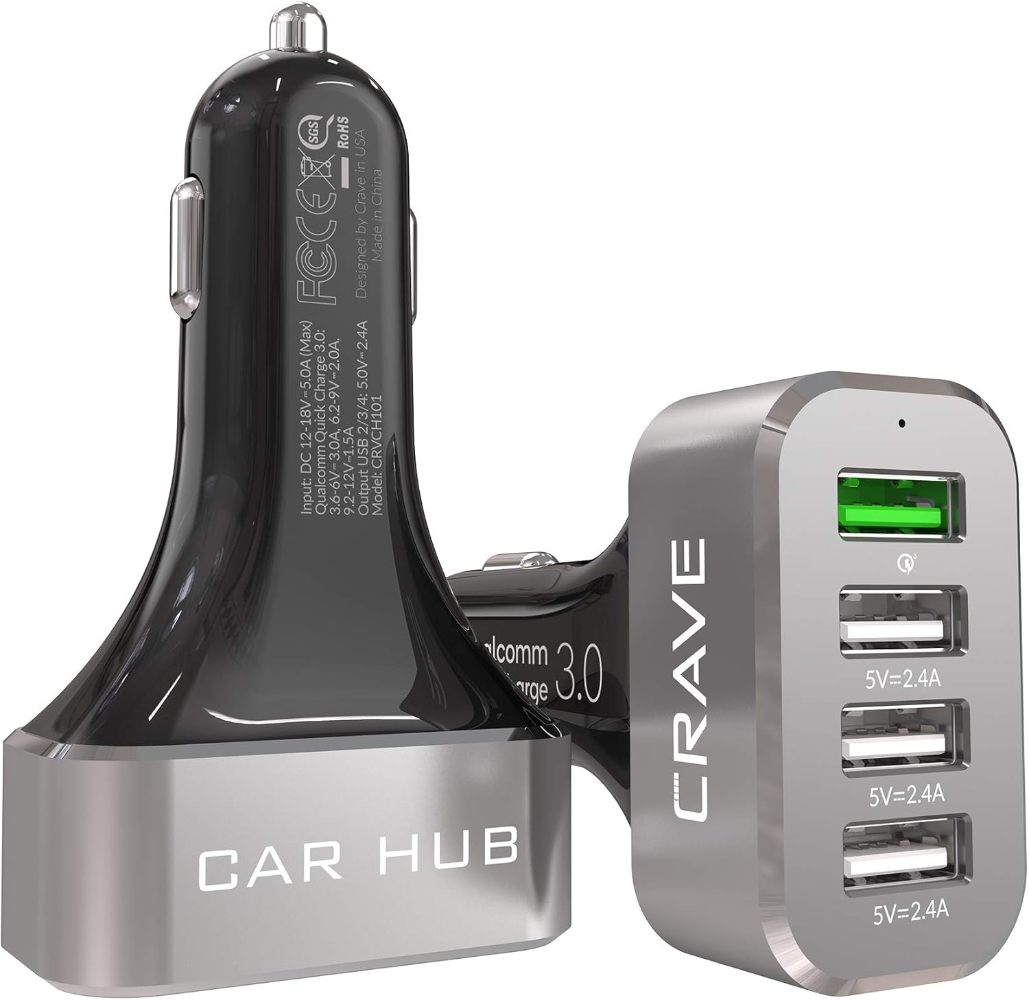 54W 4 Port USB Car Charger, Quick Charge 3.0, Black Pack of 2 J533516