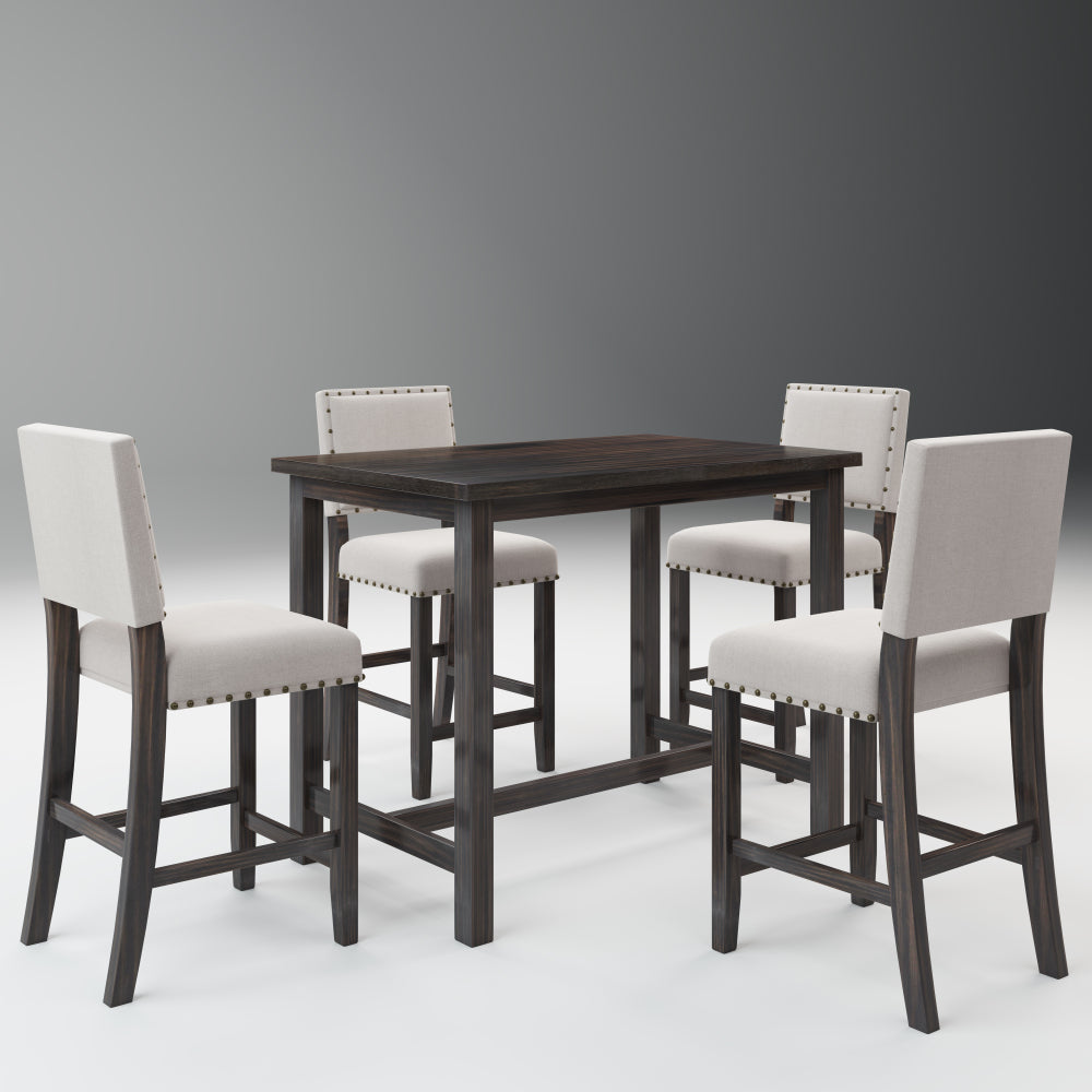 Espresso Beige 5 Piece Rustic Wooden Counter Height Dining Table Set with 4 Upholstered Chairs L938536