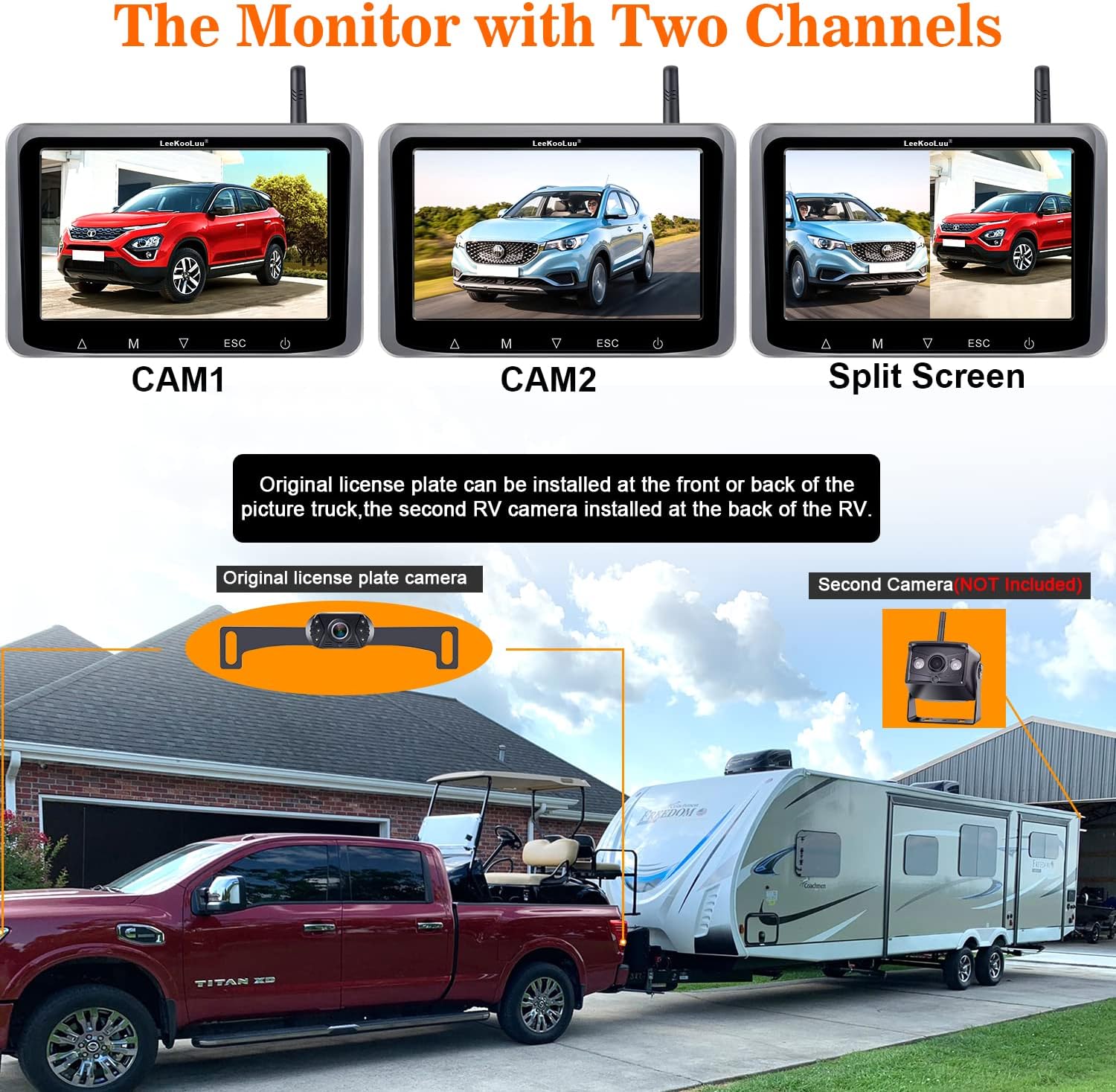 Wireless Backup Camera HD 1080P 5 Inch Monitor Touch Key Screen WiFi Rear View System Two Channels V79845