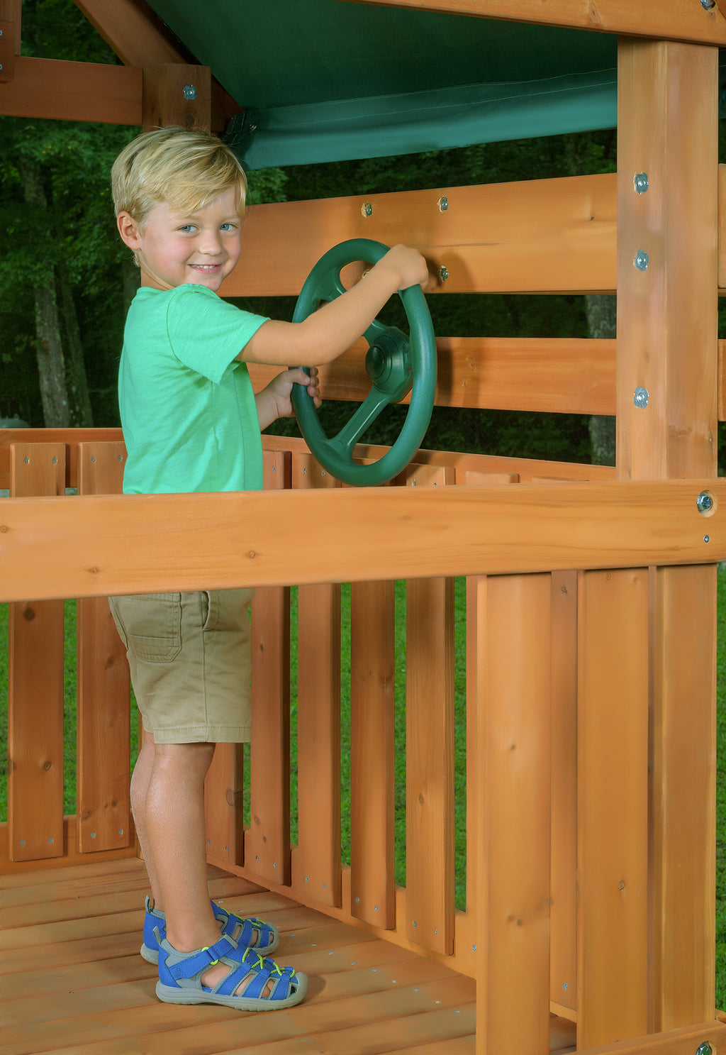 Green Wooden Swing Set with Tarp Roof and Slide W1570