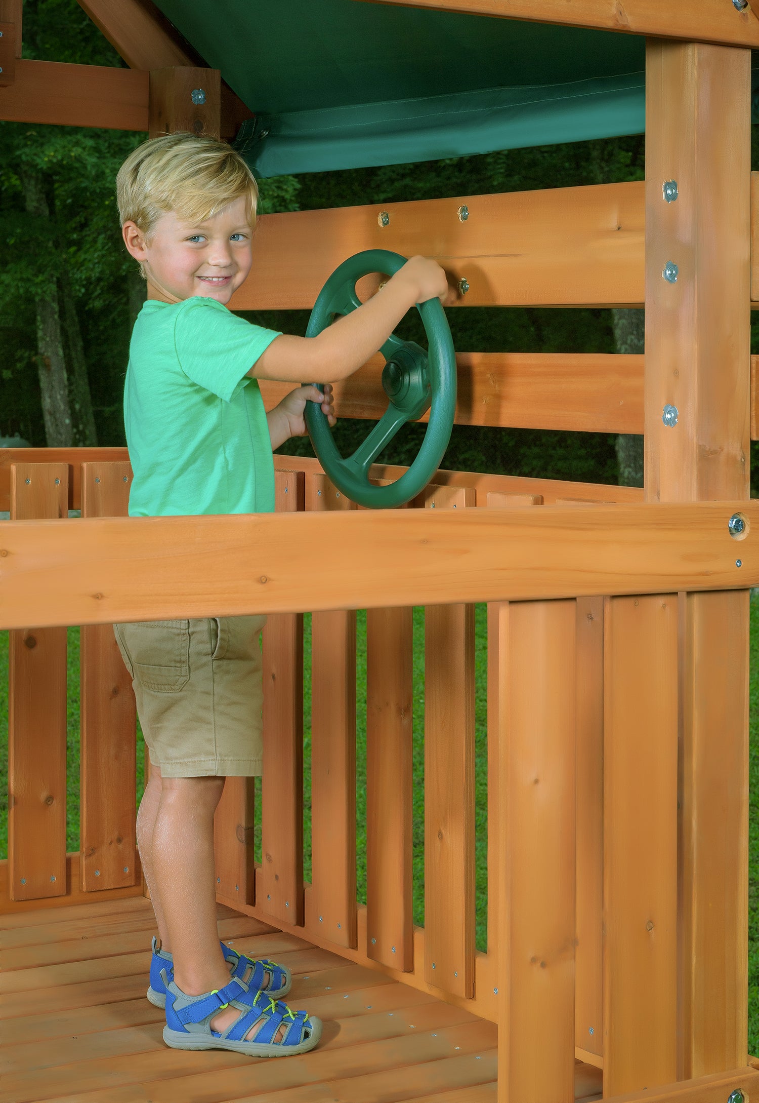 Green Wooden Swing Set with Tarp Roof and Slide W1570