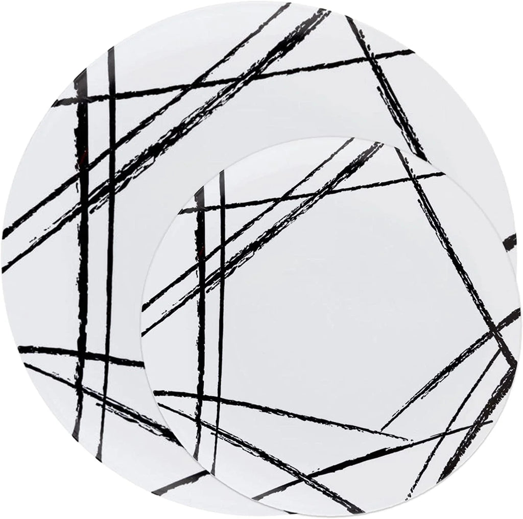 White Plastic Dinner Plates with Black Brush Design (110 Pack) I6574