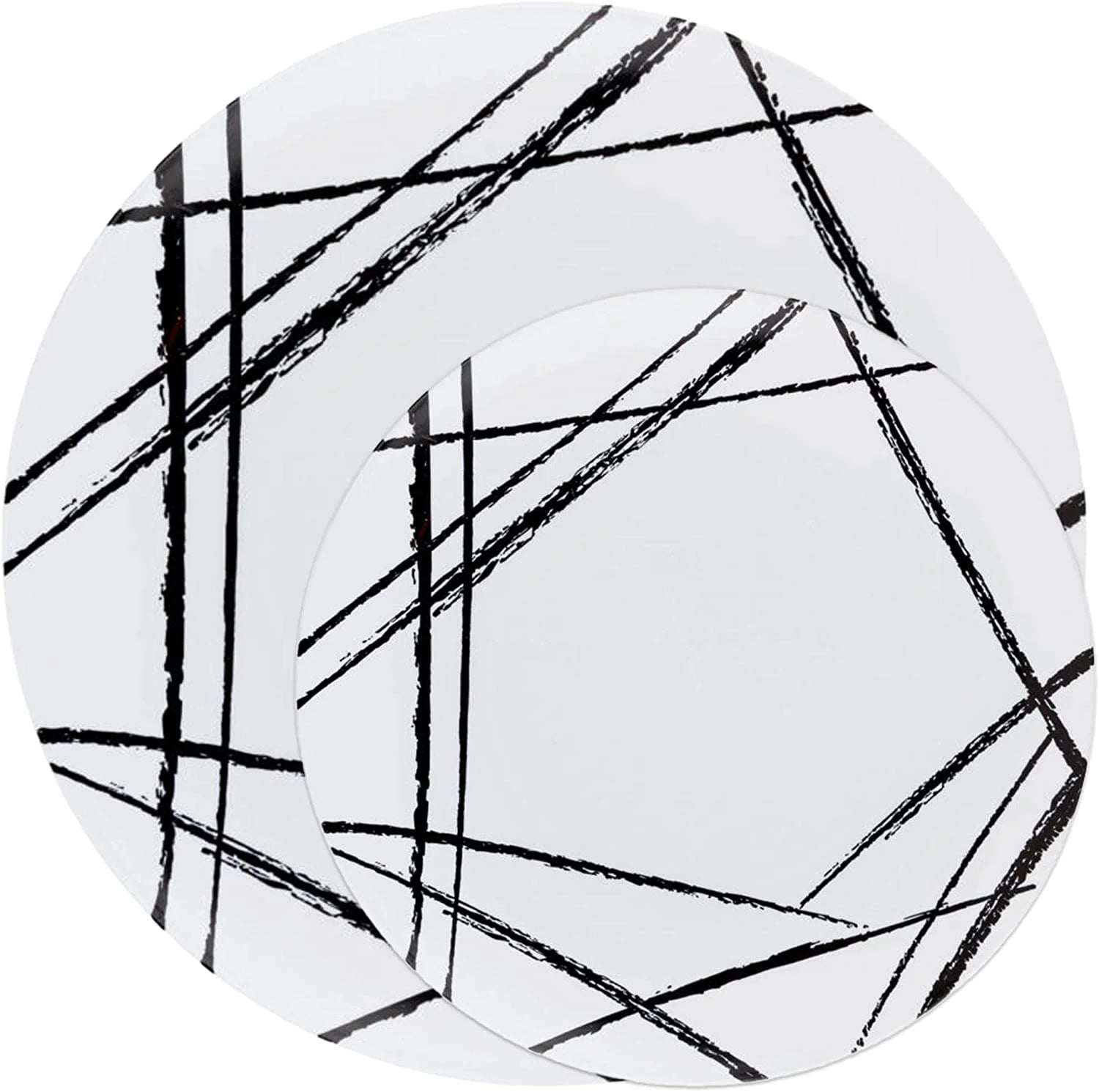 White Plastic Dinner Plates with Black Brush Design (110 Pack) I6574