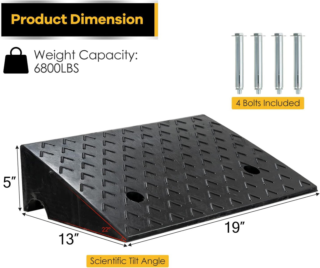 6” Rubber Curb Ramps 2PCS, Heavy Duty 22° Driveway Ramps with 4 Expansion Bolts & Predrilled Holes, Anti-Slip Surface, 6,800 lbs Load Capacity Q845018