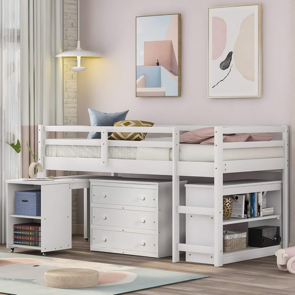 White Twin-Size Low Loft Bed Frame with Ladder Cabinet Desk T41248