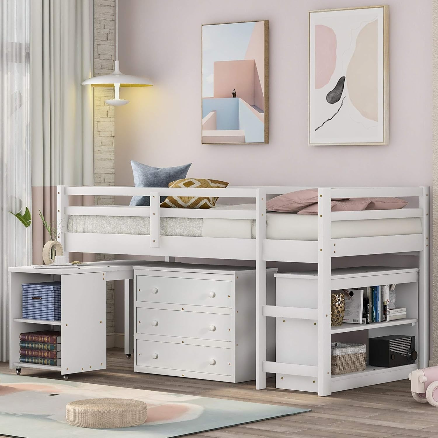 White Twin-Size Low Loft Bed Frame with Ladder Cabinet Desk T41248