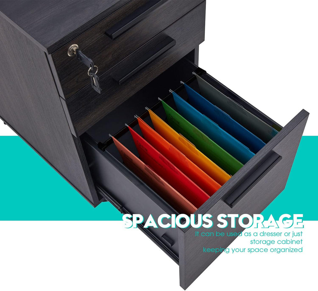 3 Drawer Mobile File Cabinet with Lock Wood Pedestal Filing Storage, Dark Walnut Z428