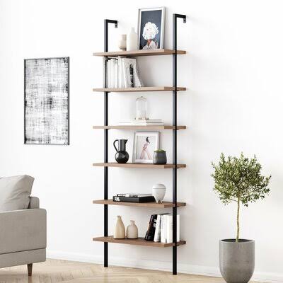 Oak/Black Metal Ladder Bookcase P600