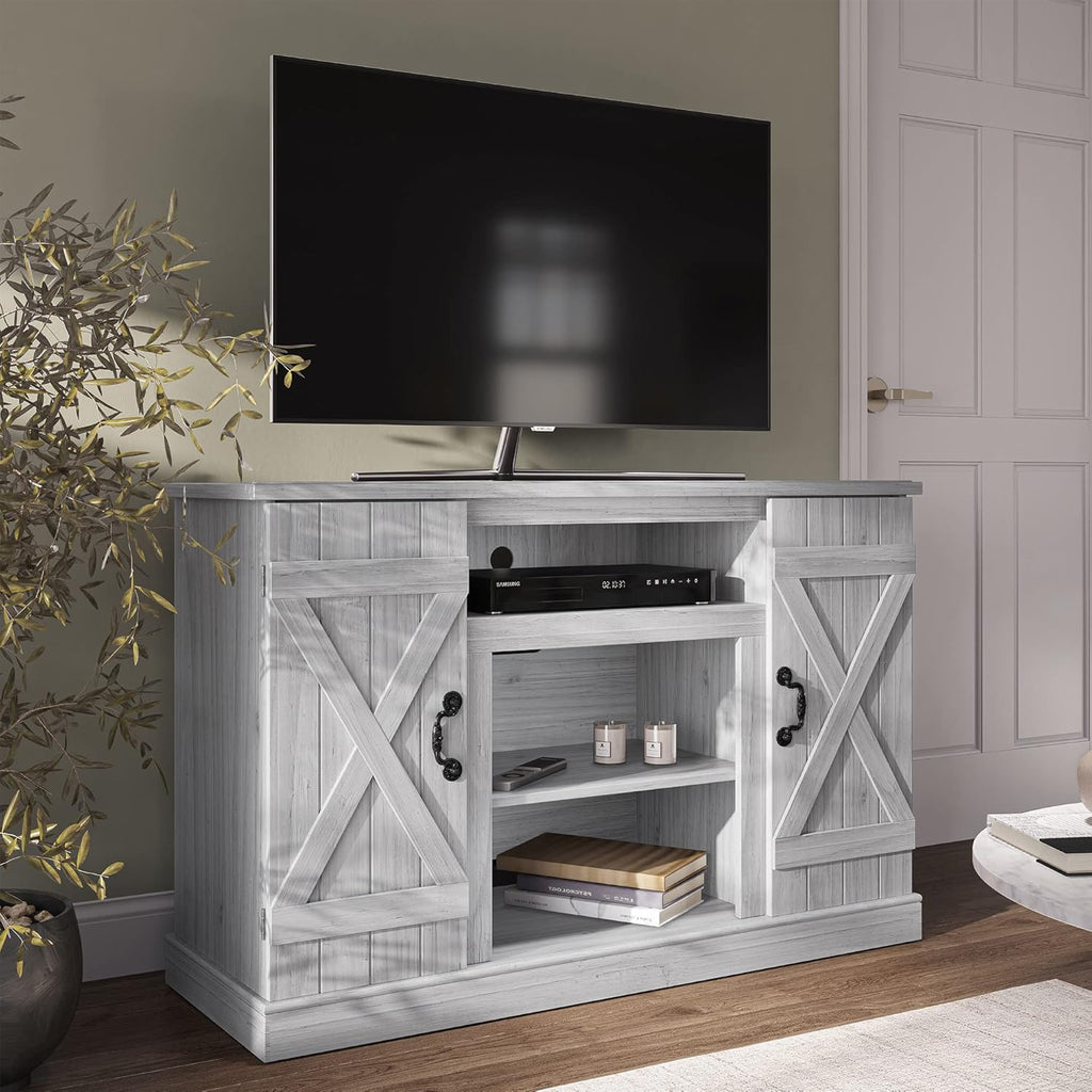 Industrial Rustic Wood TV Stand with Open Storage Shelves & Cabinets T83351