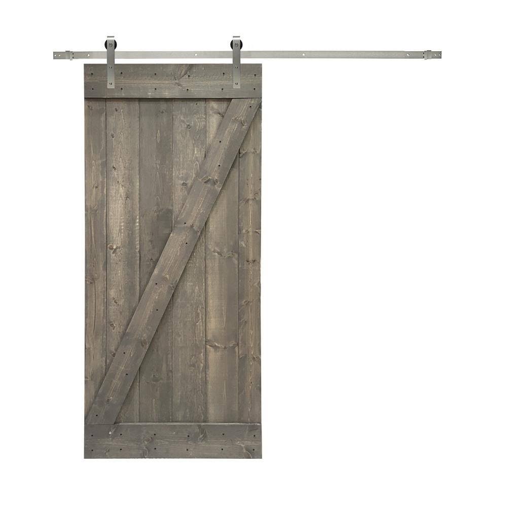 24 in. x 84 in. Weather Gray Stained Solid Knotty Pine Wood Interior Sliding Barn Door with Sliding Hardware Kit Q346359