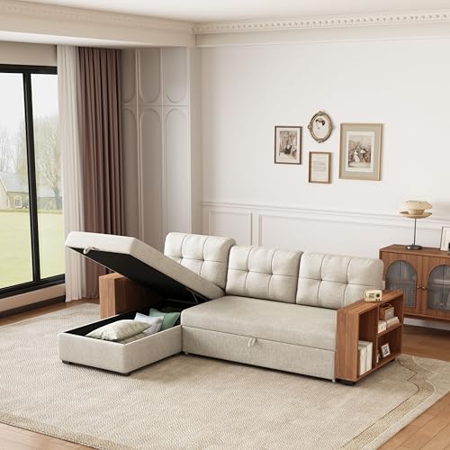 Beige L Shaped Convertible Sectional Sleeper Sofa with Storage Chaise G786