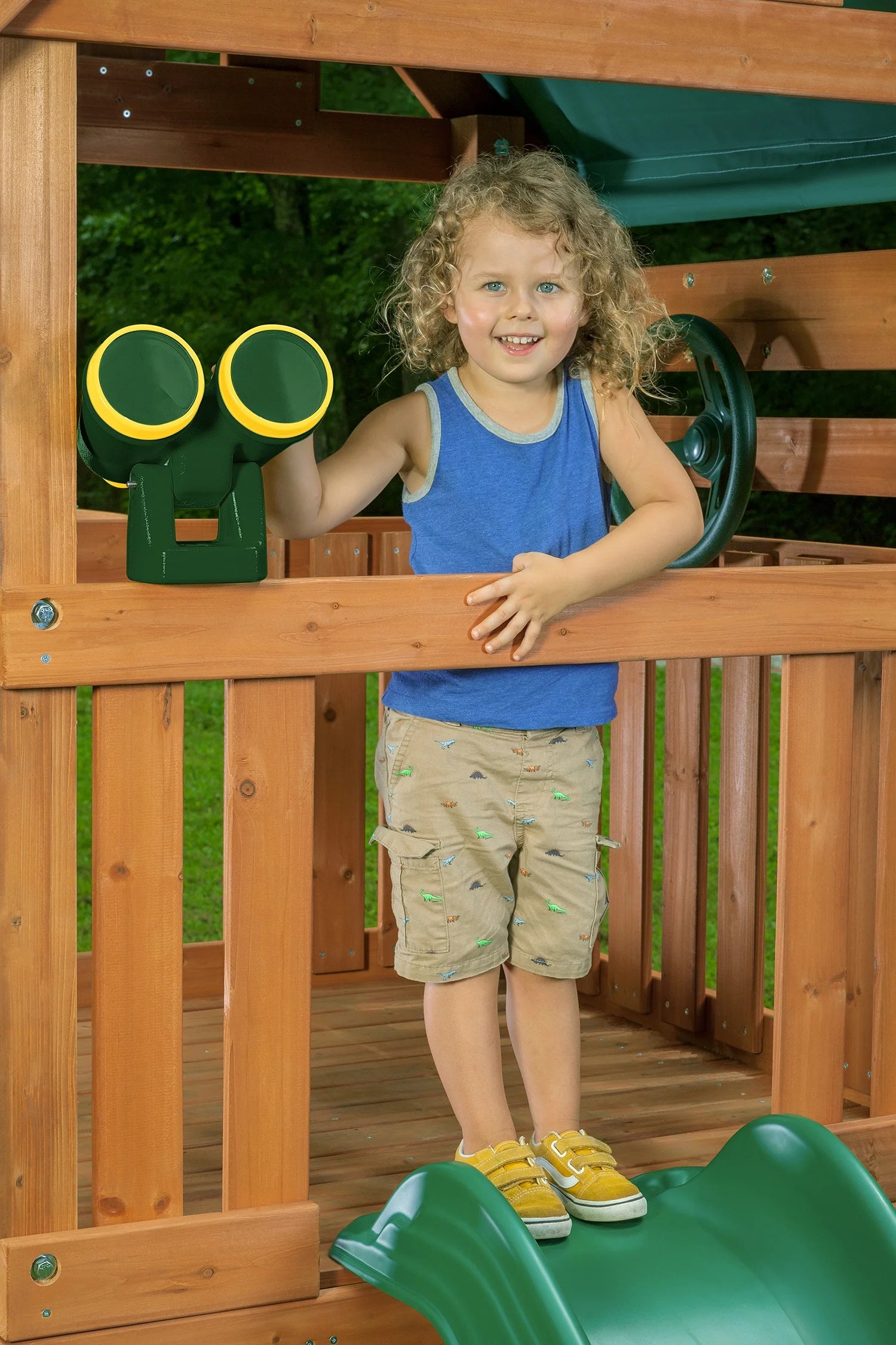 Green Wooden Swing Set with Tarp Roof and Slide W1570