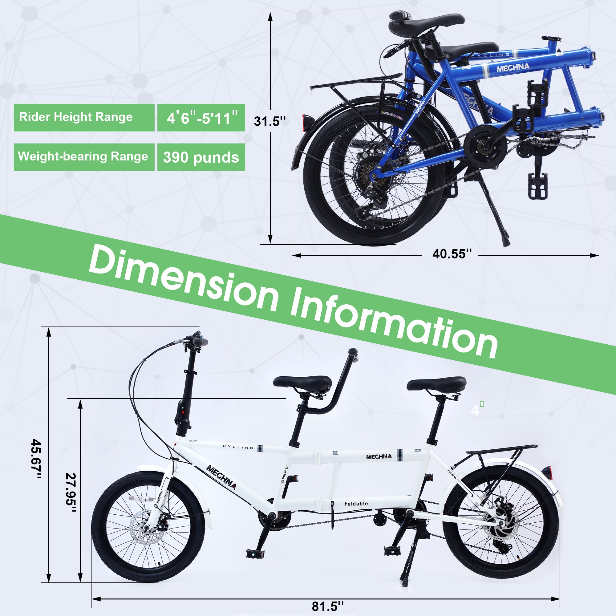 White Folding Tandem Bike 20 inches Wheels 7 speed Q791