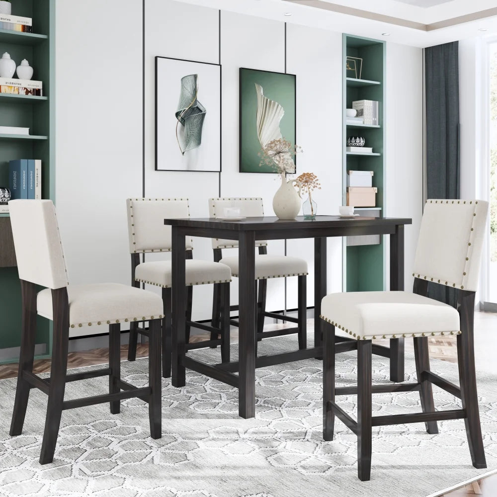 Espresso Beige 5 Piece Rustic Wooden Counter Height Dining Table Set with 4 Upholstered Chairs L938536